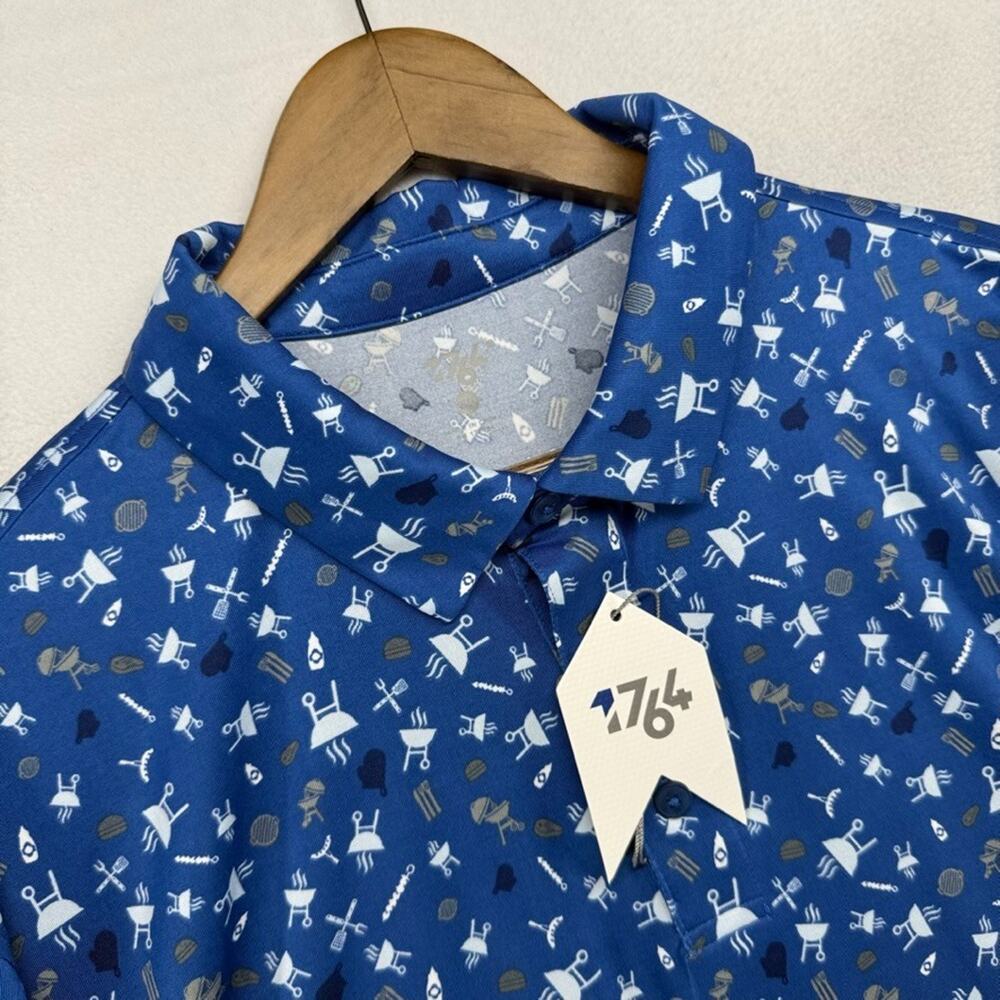 1764 Golf Polo Shirt Men's 2XL Blue Geometric Tech Cookout Barbecue Stretch NEW